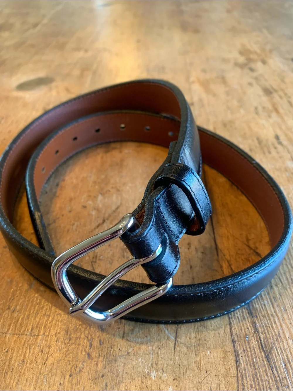 Men's Black Leather Belt with Polished Silver Buckle
